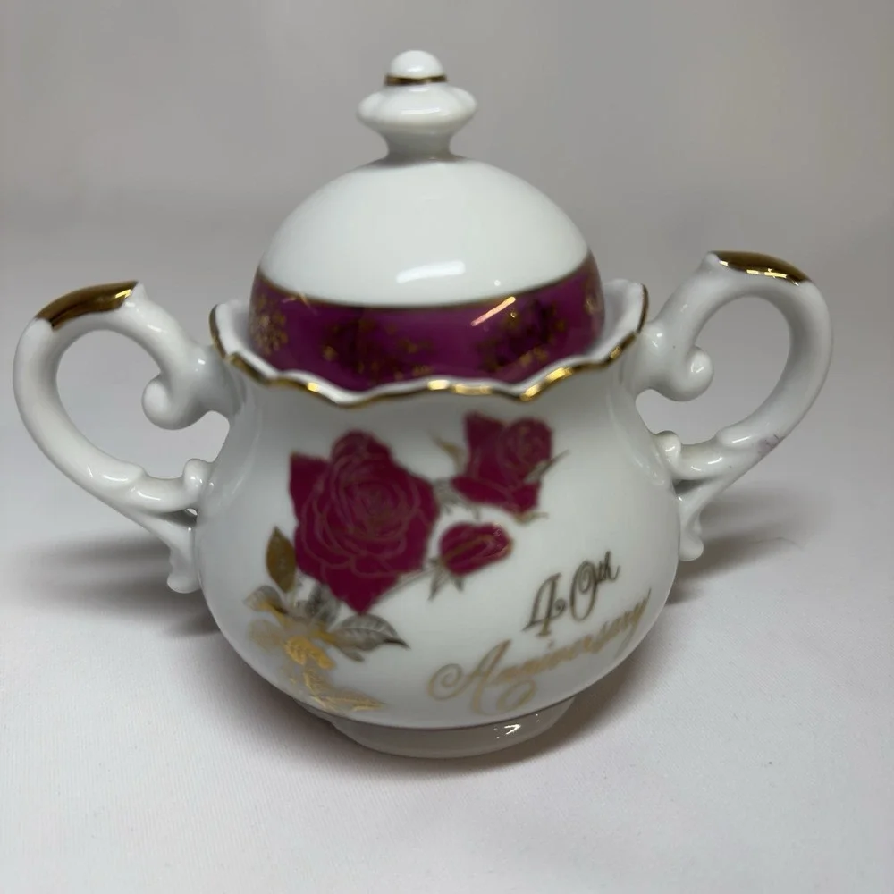 Vintage Nasco 40th Anniversary Fine China Tea Set 3pc White Gold Red Roses Japan